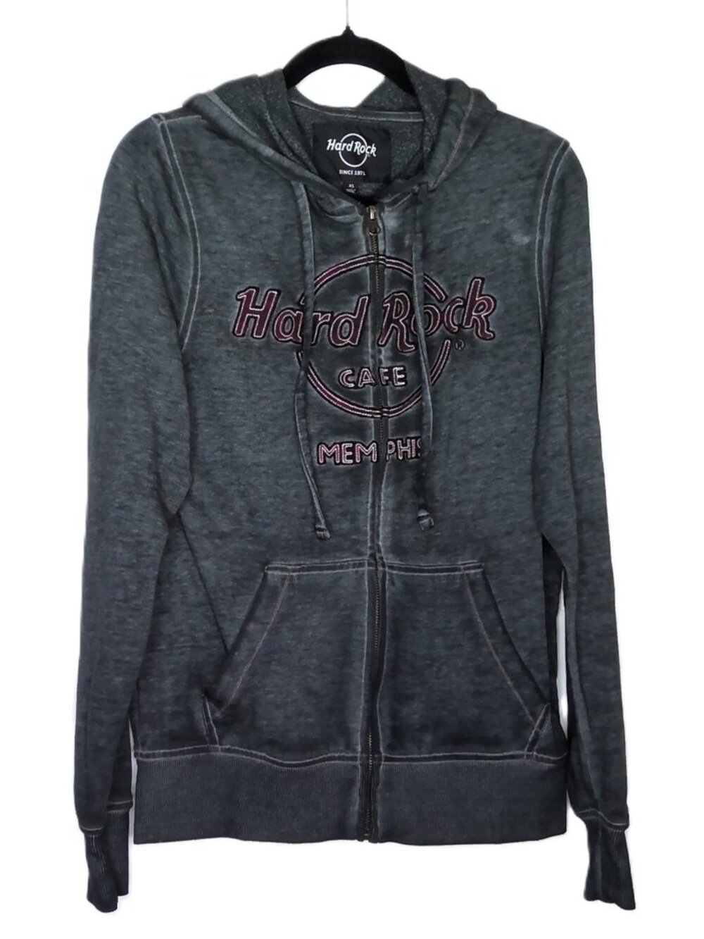 Hard Rock Memphis Hoodie Sweatshirt Unisex Gray Stonewash W/ Black & Plum Sz XS